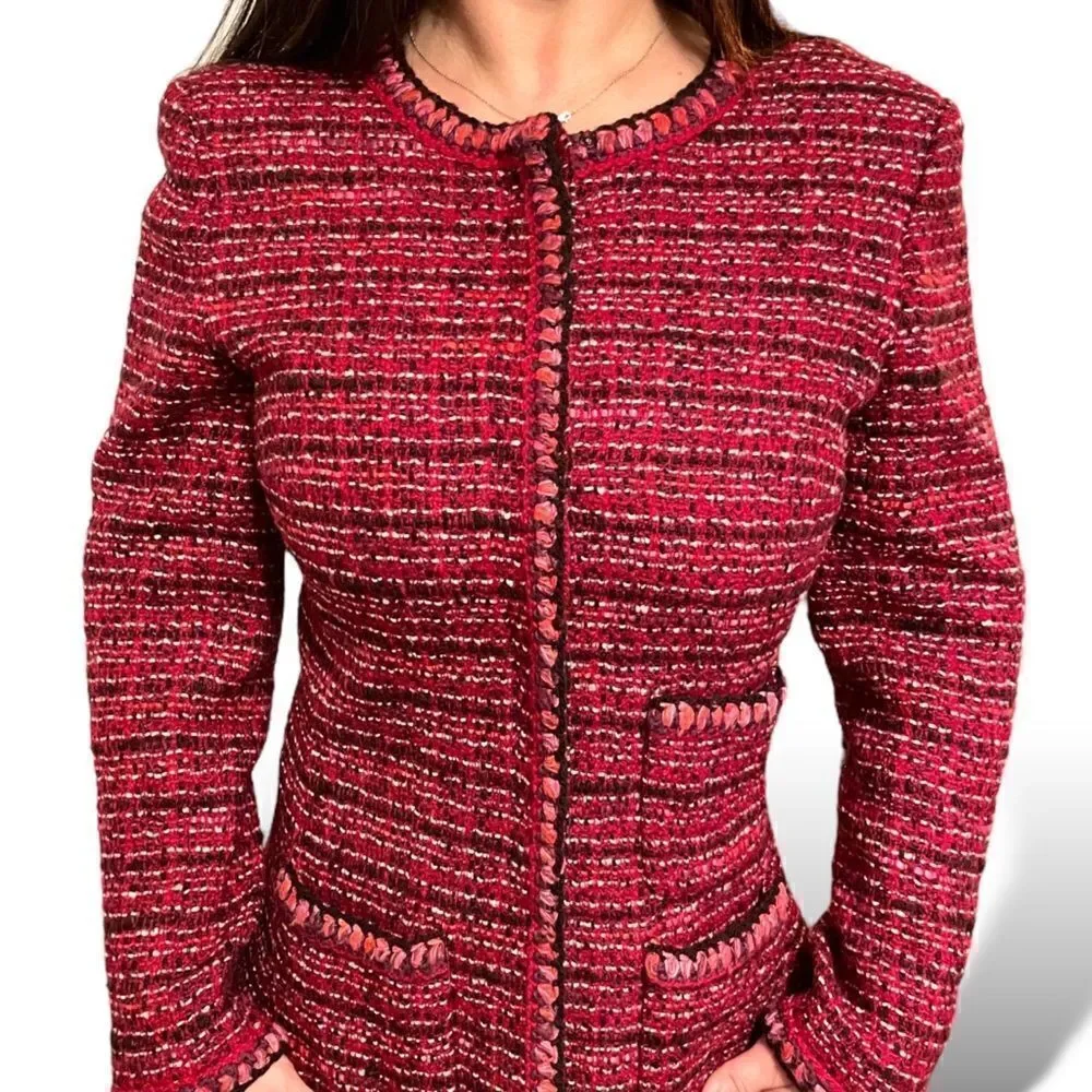 CHANEL Vintage FALL 2001 Collection Burgundy Tweed Patterned Jacket